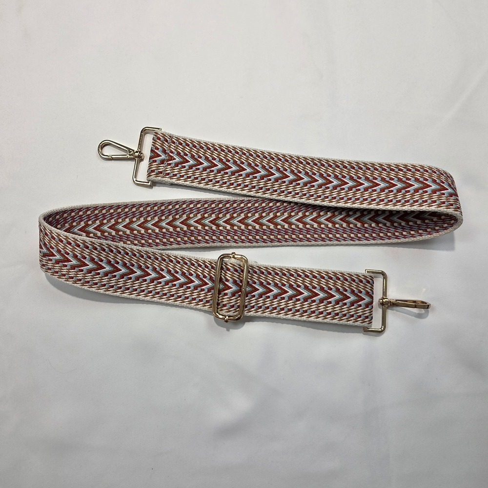 Woven Chevron Bag Strap Adjustable Gold Hardware Rust Blue Cream Boho 2" Wide